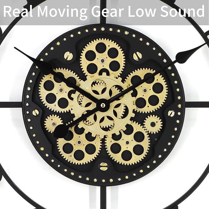 24In Large Wall Clocks for Living Room Decor with Moving Gears,Large Wall Clock Industrial Steampunk,Oversized Metal Analog Wall Clocks for Home Battery Operated (Accessories Color May Vary)