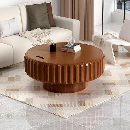 31.5" Drum Coffee Table with Storage Modern Unique Fluted Tea Table Contemporary Round Coffee Table with Fluted Center Table for Small Space Apartment(31.5in)
