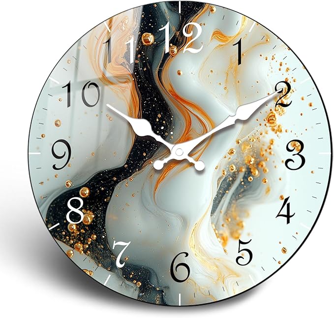 Marble Texture Wooden Wall Clock Silent Non-Ticking Battery Operated 12 Inches Modern Home Decorative Kitchen Decor Quartz Small Analog Clock for Bedroom, Office