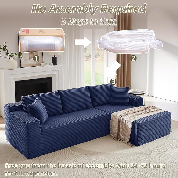 Modular Cloud Sectional Couch with L-Shape Chaise,Modern Upholstered Couches with Deep Seat,Corduroy Sponge Compressed Sofa for Living Room, Bedroom,No Assembly Required (Blue)