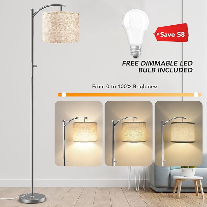 Dimmable Floor Lamp, Arc Floor Lamps for Living Room, Stepless Dimming Modern Standing Lamp with Linen Shade, Tall Lamp for Bedroom Office Dining Room- Silver