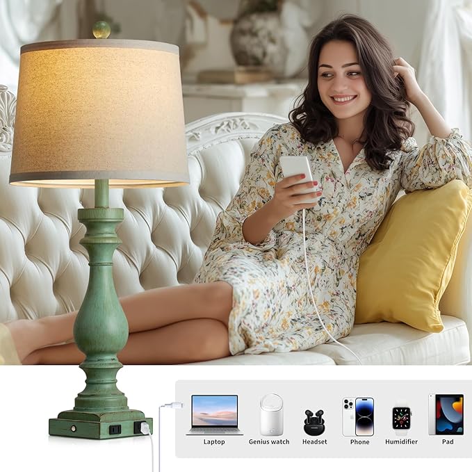 29" Tall Vintage Table Lamps Set of 2,Retro Green Bedside Lamps with USB C+A Ports & AC Outlet,3-Way Dimmable Touch Lamp for Night Stands Living Room Bedroom,Green
