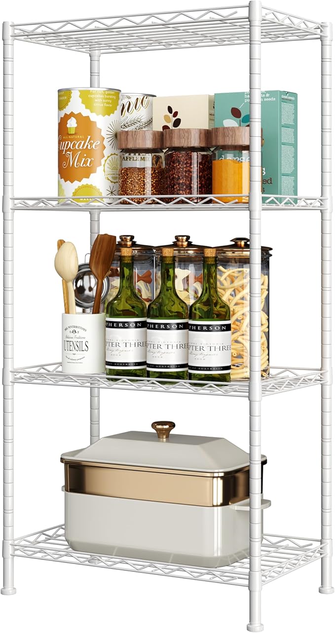 HOMEFORT 4-Shelving Unit, Adjustable Wire Shelving, Metal Wire Shelf Rack Organizer for Kitchen, Pantry, Closet, Bathroom, Laundry, White,21" W x 11" D x 41" H