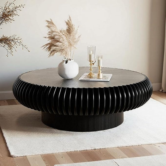 Round Fluted Coffee Table Modern Handcraft Drum Coffee Table with Sturdy Pedestal 39.37" Farmhouse Center Table Tea Table for Living Room, Reception Room, Entertainment Room (Black 39.37")
