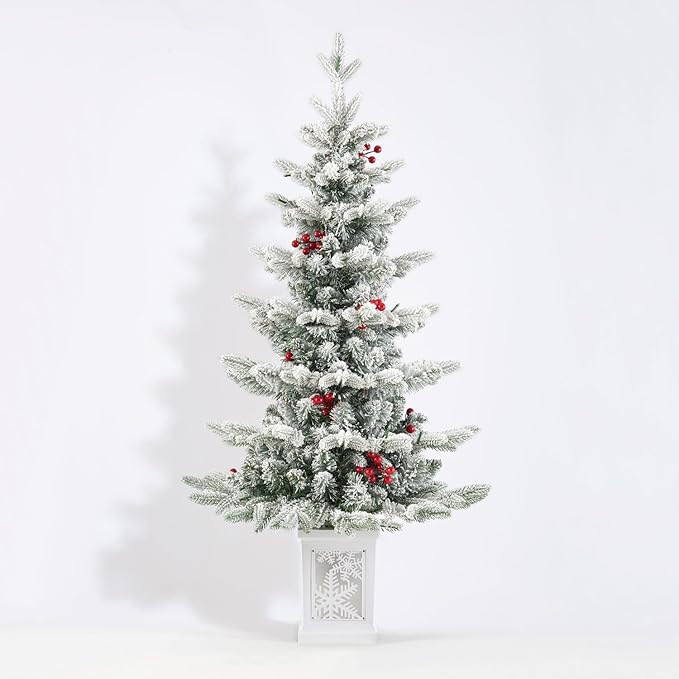 Small Pre-Lit Christmas Tree with LED Lights - 3.5FT Snow Flocked Ariticifial Tree with Snowflake Base, Battery Operated & Auto Timer for Home Office Xmas Decor