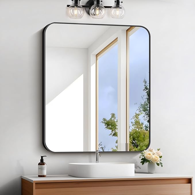 FORBATH Bathroom Mirror 30" x 36", Rectangle Black Bathroom Mirror with Black Aluminum Frame Rounded Corner, Wall Mounted Mirror for Bedroom Entryway Living Room