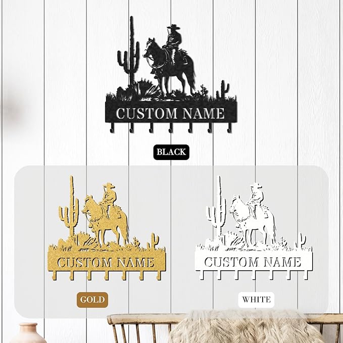Personalized Key Holder for Wall, Custom Metal Cowboy Key Hooks with Name, Meta Jacket Holder Hooks Organizer Rack, Jacket Hanger Decor for Kitchen, Entryway, Hallway, Office, Doorway