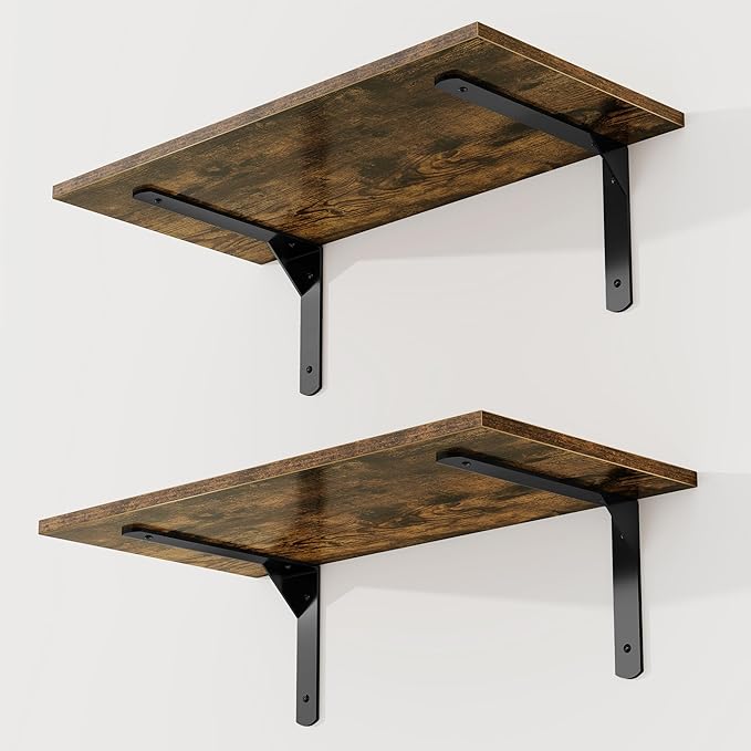 Fun Memories Deep Floating Shelves for Wall, 12 Inch Deep Wall Shelf, 24 Inch Long Floating Shelves with Bracket Set of 2, Rustic Deep Storage Shelf for Bedroom, Living Room, Kitchen, Rustic Brown