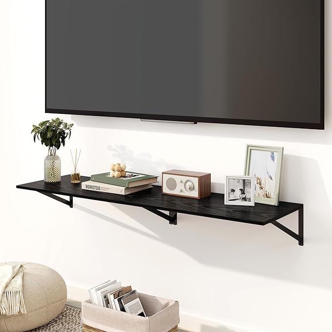 Fun Memories Floating Shelves for Wall, 12 Inch Deep Floating Shelves Set of 2, 24W x 12D Large Wall Shelf with Sturdy Metal Brackets for Living Room, Bathroom, Bedroom and Kitchen, Black