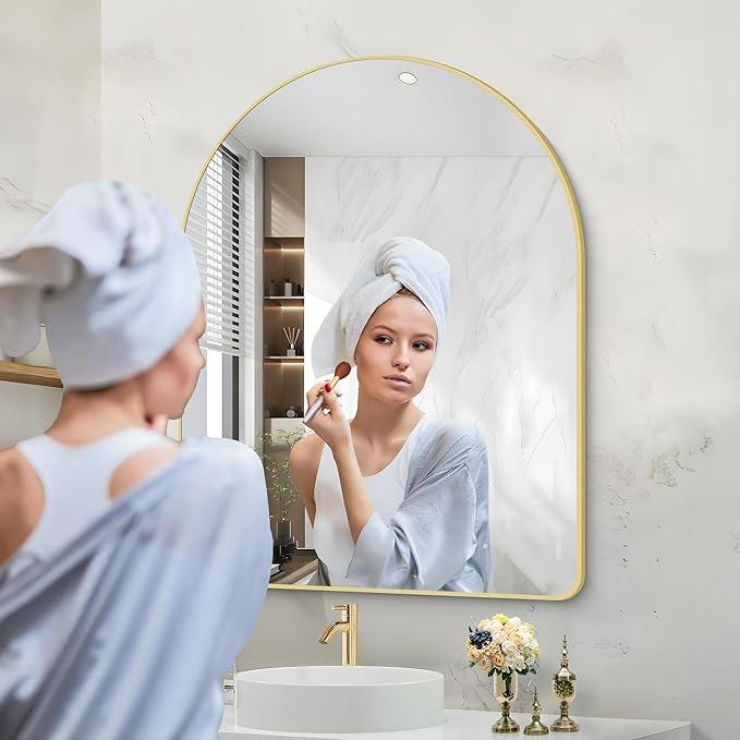 Arched Bathroom Mirror, 30"x40" Gold Arched Mirror for Bathroom, Wall Mounted Mirror, Gold Vanity Wall Mirror w/Metal Frame for Bedroom, Entryway, Living Room, Vertically Hanging or Leaning Against