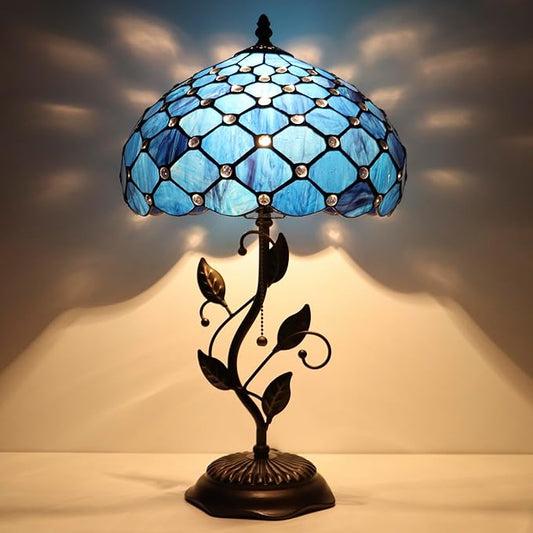Tiffany Table Lamp, Stained Glass Style Desk Lamp, 12X12X19 Inch,Bedside Reading Light, Metal Leaf Base（Blue Beads Style