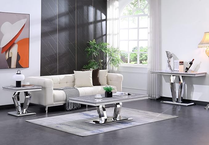 Asday Silver Console Table, Mirrored Sofa Table with Geometric Steel Base, Modern Silver Narrow Rectangular Console Table for Entryway, Living Room, Office, Coffee Bar, Front Hall