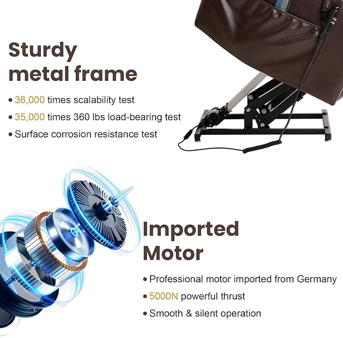 PARKOL Large Infinite Position Leather Power Lay Flat Lift Studded Recliner Chairs for Elderly, Dual Motor with Massage and Heating,Extended Footrest, USB&Type-C Port Remote,Cup Holder (Brown, Large)