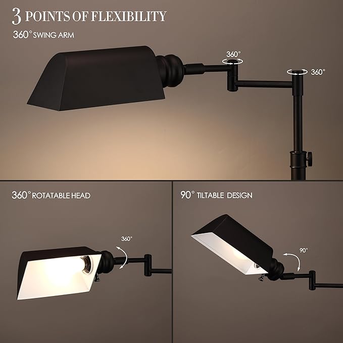 O’Bright Arcadia - Pharmacy Floor Lamp, Full Range Dimming, Swing Arm Task Lamp, E26 Socket, Bulb Replaceable, Adjustable Height 47” to 55”, 360° Rotatable Shade, All-Metal Design, Black