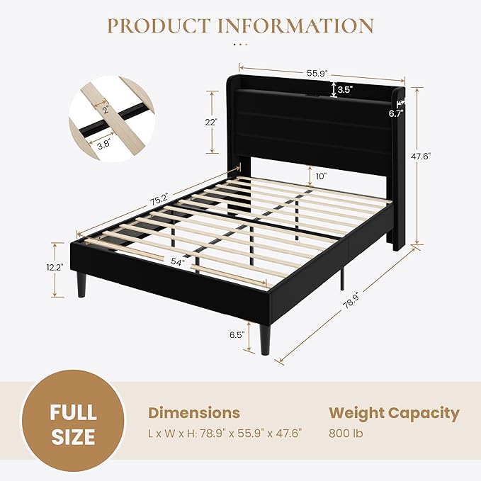 SHA CERLIN Full Size Bed Frame with Charging Station, Velvet Upholstered Platform Bed, Wingback Storage Headboard, Type-C & USB Ports, Strong Wooden Slats, No Box Spring Needed, Easy Assembly, Black