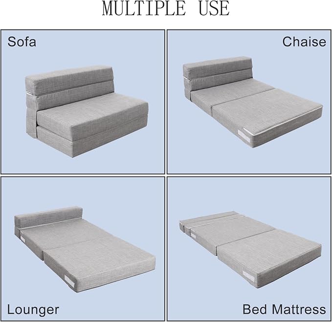 ANONER Folding Sleeper Chair Sofa Bed Lazy Couch with Pillow, Twin Size, Light Gray