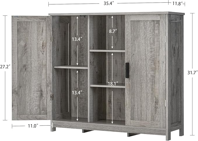 Iwell Storage Cabinet with 2 Doors and 4 Adjustable Shelves, Buffet Cabinet with Storage, Floor Cabinet for Living Room, Entryway, Kitchen, Rustic Gray