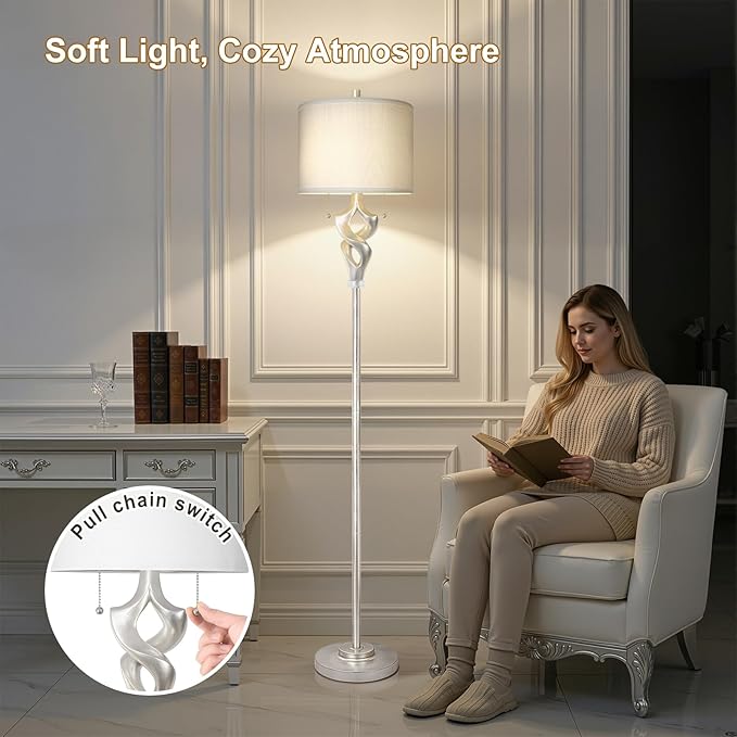 Scenekoy Sculptural 65.5” Floor Lamp for Living Room Bedroom, Silver Leaf Finish & Resin Body, Pull Chains Switch Standing Lamp, Brightness Adjustable Corner Lamp with Bulb Prefer for Home Office Bar