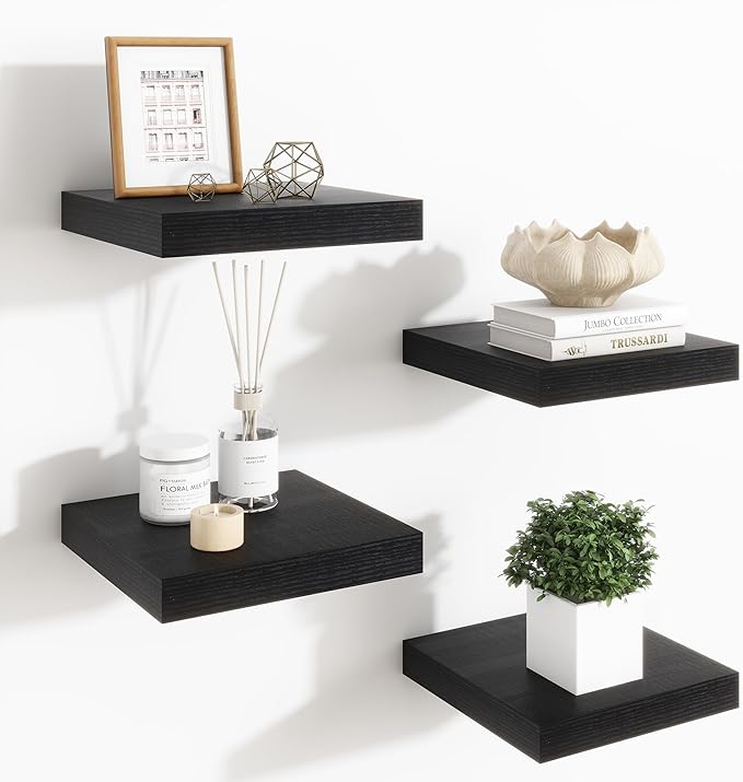 Fun Memories Floating Shelves for Wall - 7.5 Inch Square Shelves with Invisible Brackets, Black Small Wall Shelf for Living Room, Bathroom, Bedroom, and Kitchen Decor，Set of 4