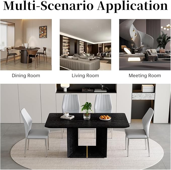 63" Modern Black Dining Table Set for 6 with Chairs, 7 Piece Rectangular Dining Room Table and 6 PU Leather Chairs, Kitchen Dining Set with Matte Wood Finish, Geometric Base, Easy Assembly