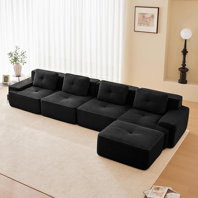 Black Ottoman for Modular Sectional Sofa, Corduroy Deep Seat for Oversized Compressed Boneless Sectional Couches for Living Room Bedroom Apartment, Cloud Sofa Couch Set, Memory Foam, No Assembly