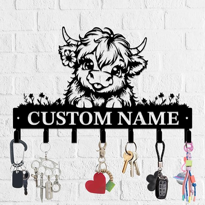 Personalized Highland Cow Metal Keys Hooks,Custom Name Metal Highland Cow Keys Hooks,Black Metal Highland Cow Wall Home Storage Decorative Keys Hooks,Key Holder Hooks for Wall (Style A)