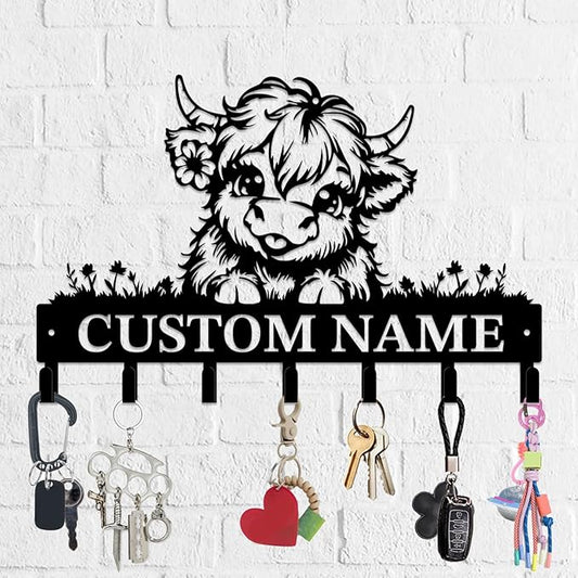 Personalized Highland Cow Metal Keys Hooks,Custom Name Metal Highland Cow Keys Hooks,Black Metal Highland Cow Wall Home Storage Decorative Keys Hooks,Key Holder Hooks for Wall (Style A)