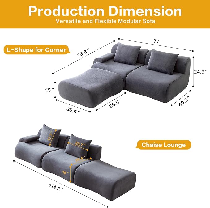 Modular Sectional Cloud Couch Grey Sofa 114" Boneless Couch for Living Room with L Shaped, Modern Comfy Couches Set with 2 Seat & Pillow - Compressed Sofa, No Assembly Required