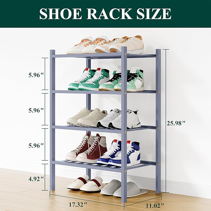 Smiry Shoe Rack, 4 Tier Small Bamboo Shoe Organizer, Stackable Free Standing Wooden Shoe Storage Shelf for Closet, Entryway, Front Door Entrance, Grey