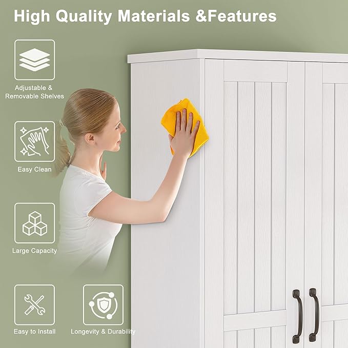 70" Tall Storage Cabinets, Large Wood Storage Pantry Cabinet with 6 Adjustable Shelves, 2 Striped Doors & Drawer, Standing Utility Cabinet for Kitchen, Bathroom, Dining Room, Antique (White)