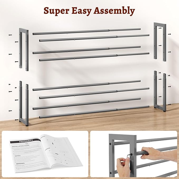 FAVOOSTY 4-Tier Expandable Shoe Rack, Adjustable Shoe Shelf Storage Organizer Space Saving Metal Free Standing Shoe Rack for Entryway Closet Doorway, Silver Grey