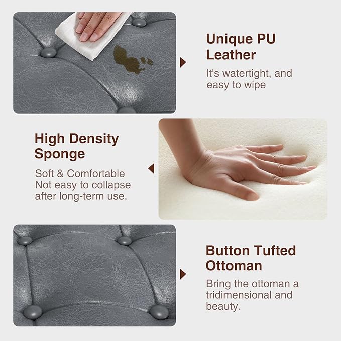 Large Storage Bench, 51-Inch Ottoman for Bedroom End of Bed, 30 Gallons Faux Leather Bench for Bedroom, Living Room, Entryway, Hallway, Grey