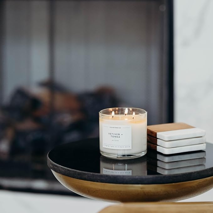 Calyan Wax Co. Vetiver & Tonka 3 Wick Scented Candle - 43 Hour Burn - Luxury 3 Wick Soy Candles - Non Toxic Soy Wax Candles - Long Lasting Large Glass Jar Candle for Home - 14.9oz