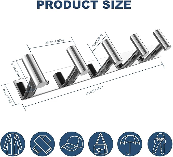 VAEHOLD Hat and Coat Wall Mount Rack - Hooks for Robes, Bags, Keys, and Towels - Bathroom Towel Hanger Organizer (Polished Chrome, “T“ Shape 5 Hooks 2 Pack)