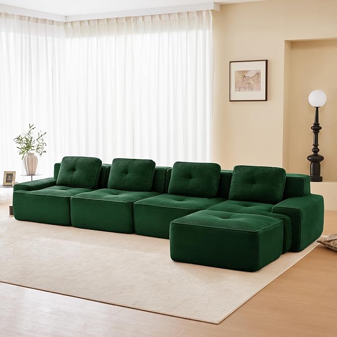 150" Modern Compressed Boneless Couch with Ottoman, 4 Seater Large L Shaped Sectional Couches for Living Room, Green Corduroy Cloud Modular Sectional Sofa, Memory Foam, Extra Deep, No Assembly