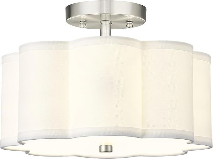 Semi Flush Mount Ceiling Lights, 3-Light 13" Ceiling Light Fixtures with Fabric Shade in Flower Shape, Brushed Nickel Drum Lighting for Nursery Hallway Bedroom Kitchen, AD-22007-3SF-SN