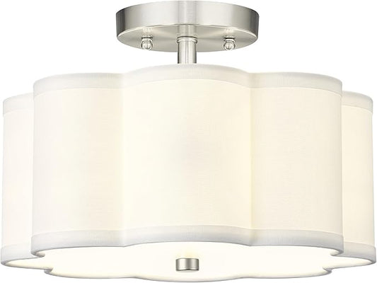 Semi Flush Mount Ceiling Lights, 3-Light 13" Ceiling Light Fixtures with Fabric Shade in Flower Shape, Brushed Nickel Drum Lighting for Nursery Hallway Bedroom Kitchen, AD-22007-3SF-SN