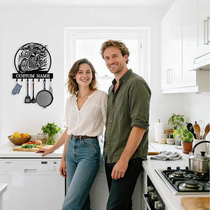 Personalized Key Holder Wall Mount, Custom Motorcycle Metal Keys Holder for Wall with Name, Wall Key Hanger Rack with Hooks for Entryway, Front Door, Living Room, Kitchen, Bathroom, Garden