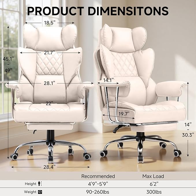 COMHOMA Big and Tall Office Chair, High Back Leather Gaming Chair with Footrest, Executive Ergonomic Office Chairs with Pocket Spring Lumbar Support and with Outward Fixed Soft Armrests