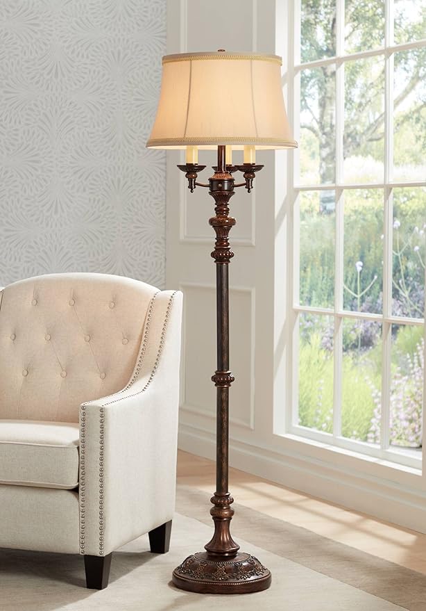 Barnes and Ivy Traditional Italian Standing Floor Lamp Candelabra Style 4-Light 64.5" Tall Bronze Brown Gold Bell Shade with Trim Decor for Living Room Reading House Bedroom Family Home