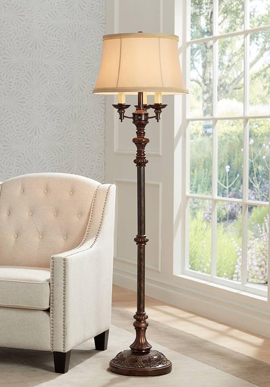 Barnes and Ivy Traditional Italian Standing Floor Lamp Candelabra Style 4-Light 64.5" Tall Bronze Brown Gold Bell Shade with Trim Decor for Living Room Reading House Bedroom Family Home