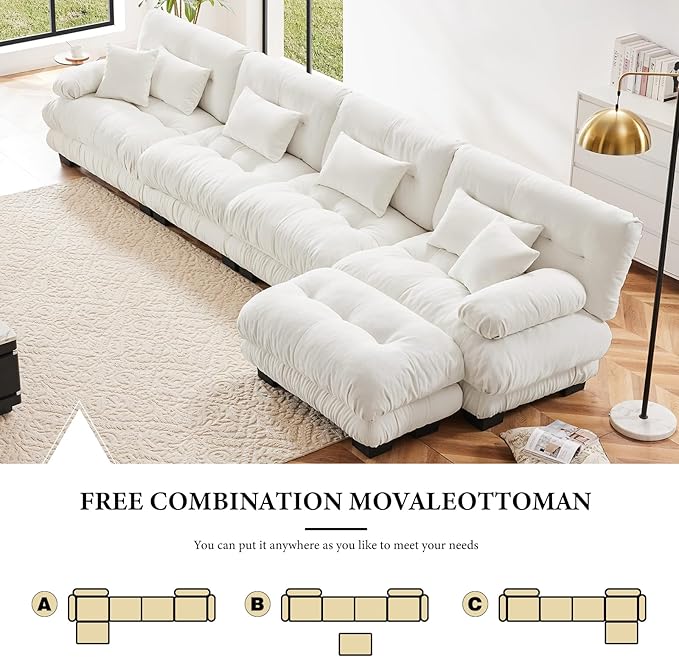 173.2" Oversized Couch, 4 Seater Modular Sectional Sofa, White Large L Shaped Fluffy Couch Set, Chenille Cloud Sofas with Ottoman for Living Room