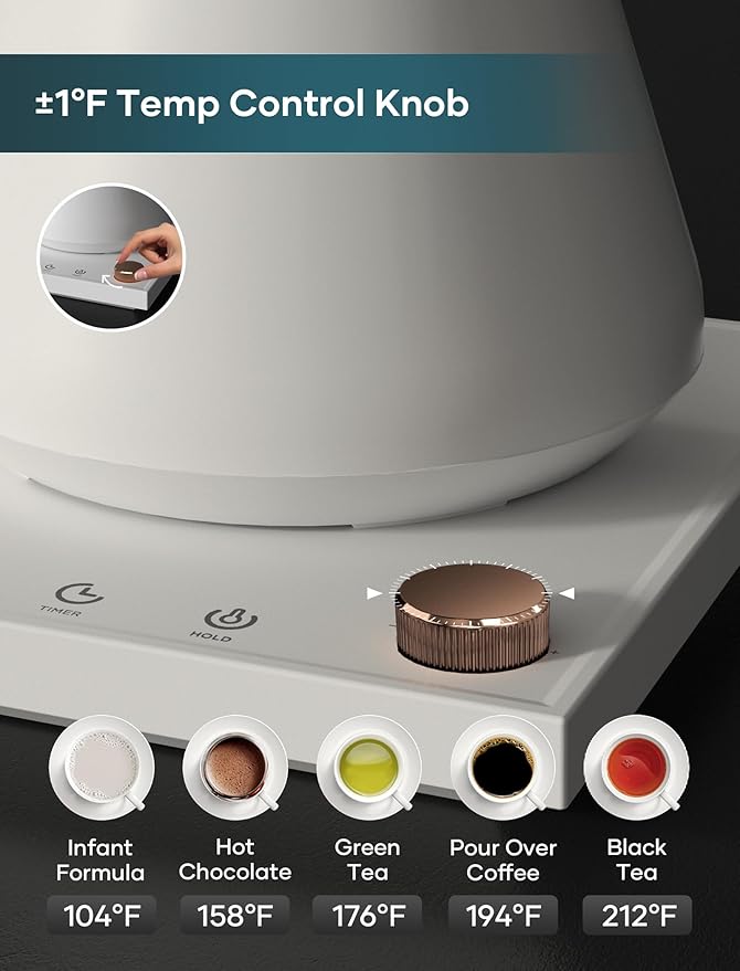 Electric Kettle, Gooseneck Electric Kettle, ±1℉ Precise Temperature Control, Stainless Steel Interior, Quick Heating for Pour Over Coffee, Tea & Boiling Water, 0.9L (Cream)