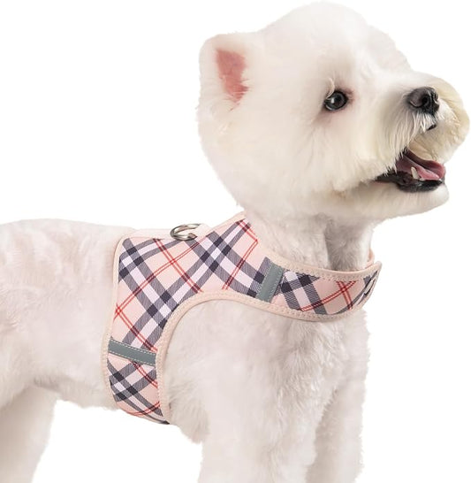 Dog Harness for Small Sized Dog,Hook-and-Loop Easy On/Off, Reflective Adjustable Soft Mesh Vest for Puppy (Checkered Beige,S)