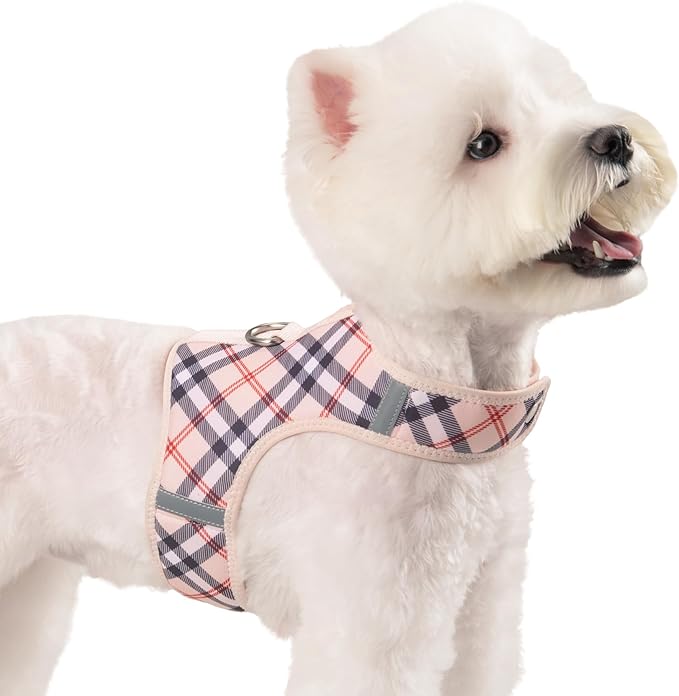 Dog Harness for Small Sized Dog,Hook-and-Loop Easy On/Off, Reflective Adjustable Soft Mesh Vest for Puppy (Checkered Beige,XS)