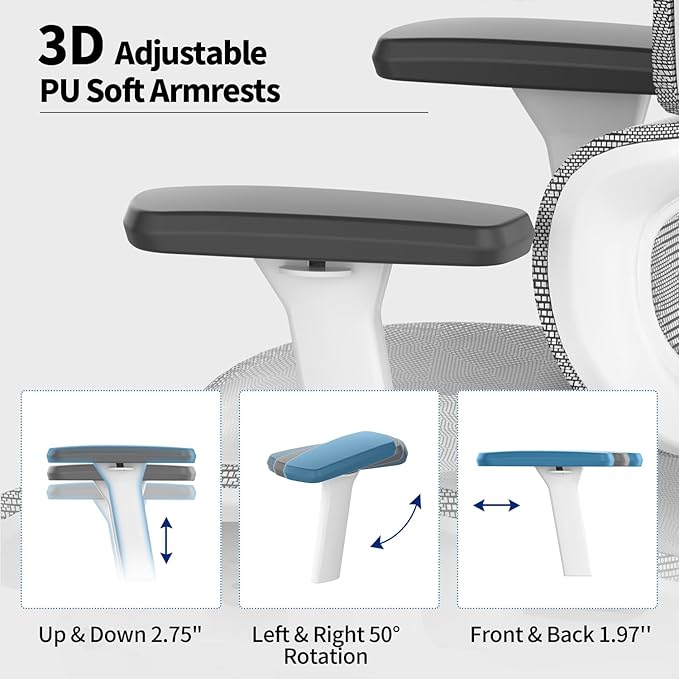 PatioMage Ergonomic Office Chair, Big and Tall Desk Chair with Adjustable Lumbar Support & Seat Depth, High Back Computer Chair, Swivel Mesh Chairs with Wheels for Home Office, White