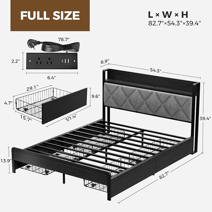 Bed Frame Full Size with Charging Station and LED Lights, Upholstered Storage Headboard with 4 Drawers, Heavy Duty Metal Slats, Noise Free, Easy Assembly, No Box Spring Needed