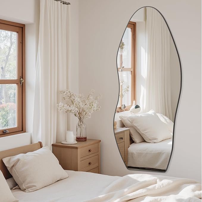 Antok Full Length Mirror, 68"x26" Floor Mirror with Stand, Standing Hanging Leaning Irregular Mirrors for Bedroom Living Room Entryway, Wavy Shaped, Black