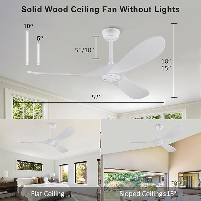 52 inch Ceiling Fan no Light, Quiet Reversible DC Motor Wood Ceiling Fan Without Light, White Modern Ceiling Fan with Remote Control for Outdoor Indoor Farmhouse Patios