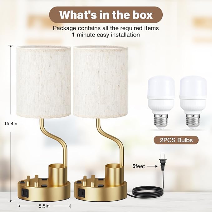 Gold Bedside Table Lamps for Bedroom Set of 2 - Nightstand Light with AC Outlet and USB A & C for Charging, 3 Color Temperatures Desk Lamp with Pen Holder & Phone Stand for Living Room/Dorm/Office